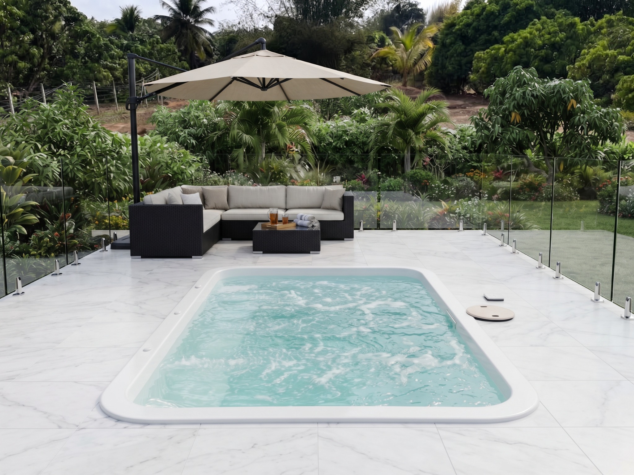 Alicia MK2 spa pool beside a garden seating area